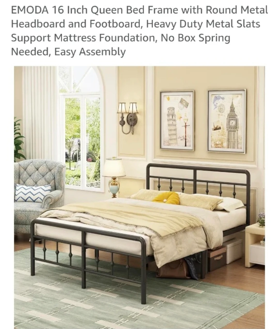 EMODA Queen Bed Frame 16 Inch Height Metal Black