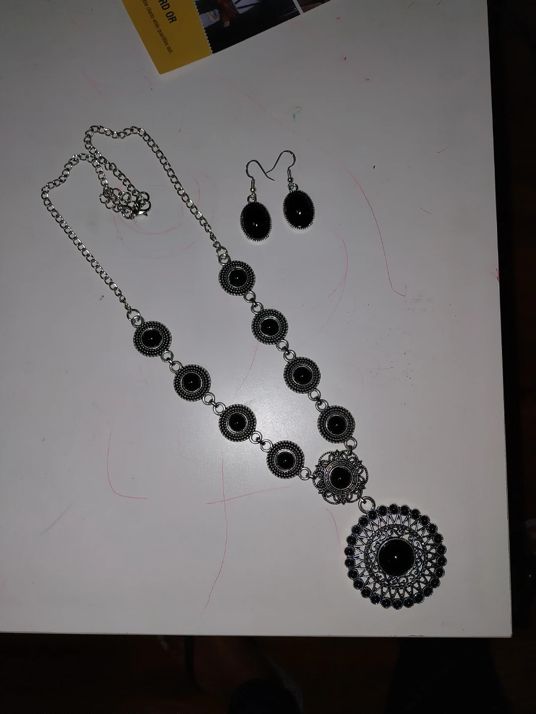 Silver-Tone Black Stone Necklace and Earring Set
