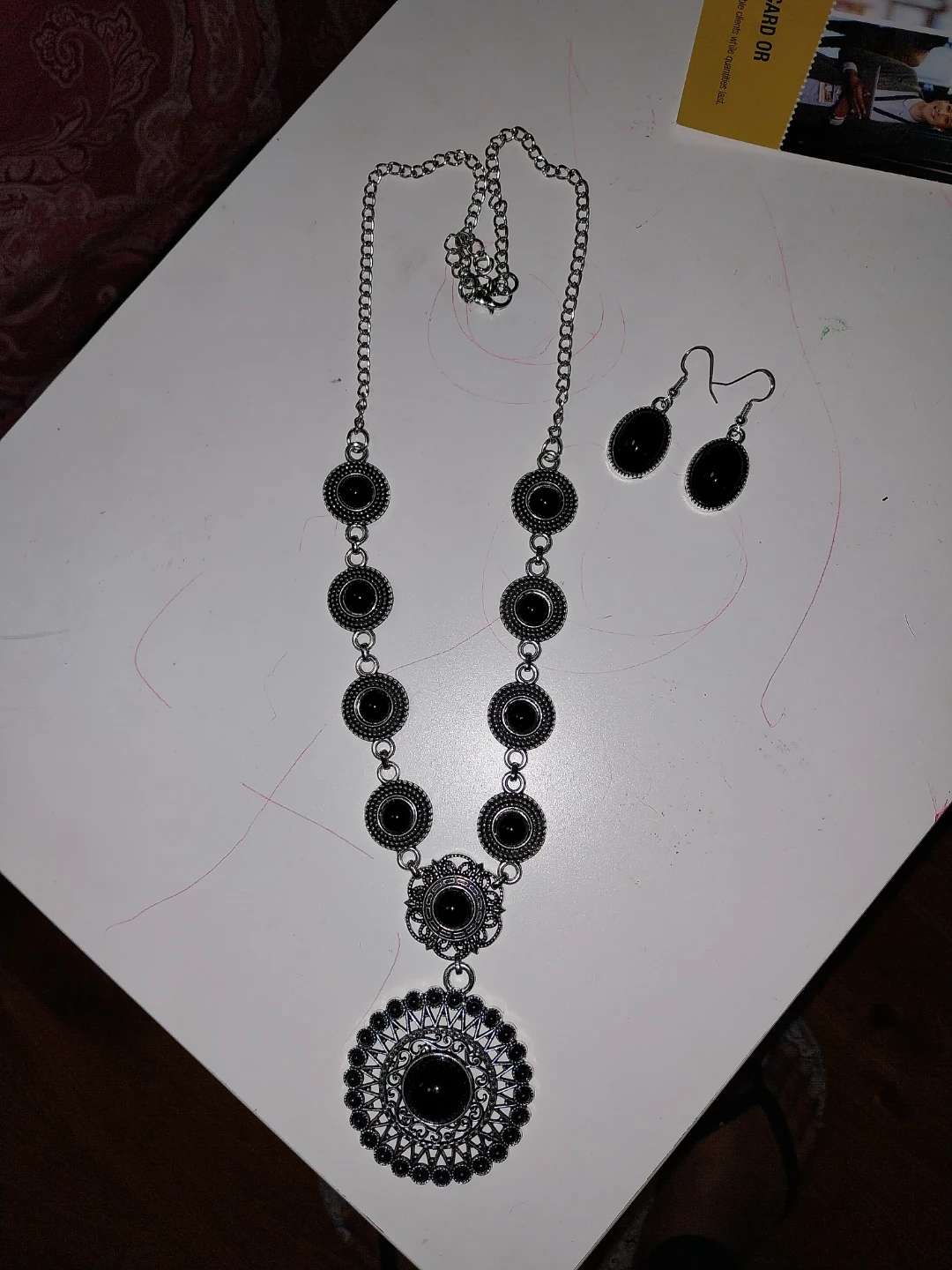 Silver-Tone Black Stone Necklace and Earring Set - photo 2