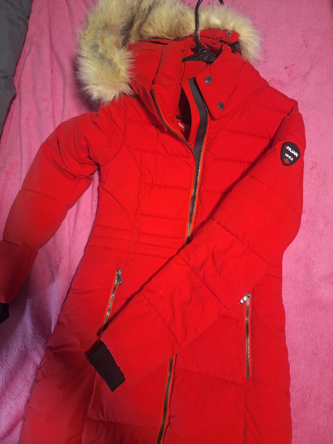 Pajar Red Puffer Winter Coat with Fur Hood