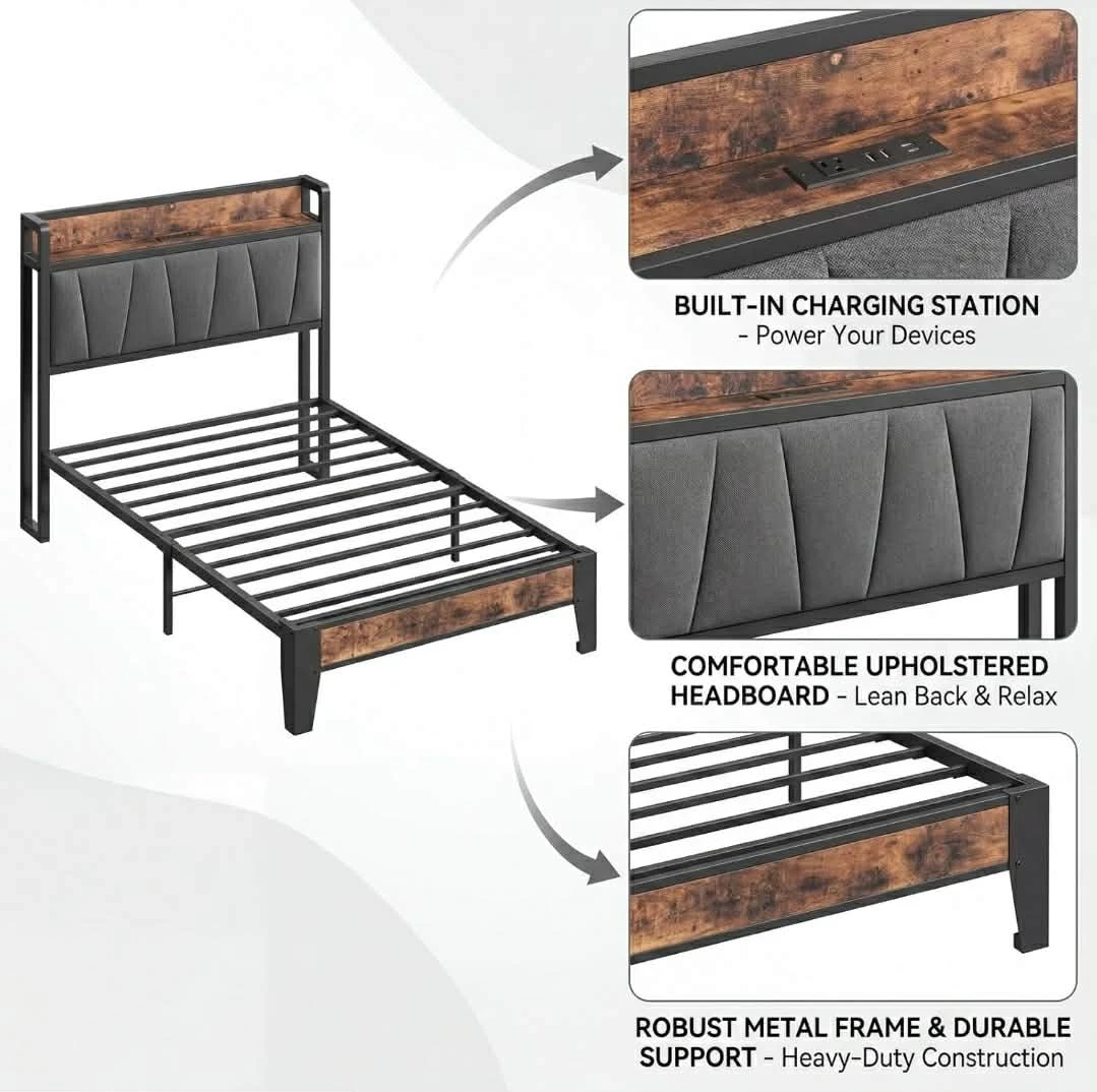 ✨️Twin Bed Frame with Upholstered Headboard & Charging Station - photo 3