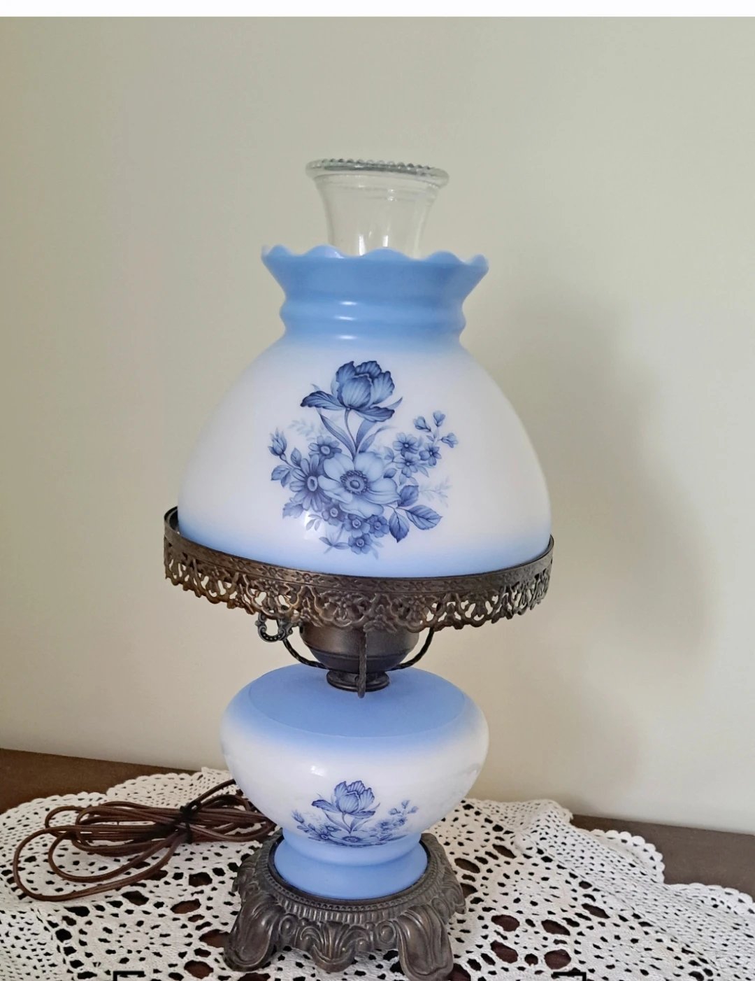 Vintage Blue Floral Milk Glass Table Lamp