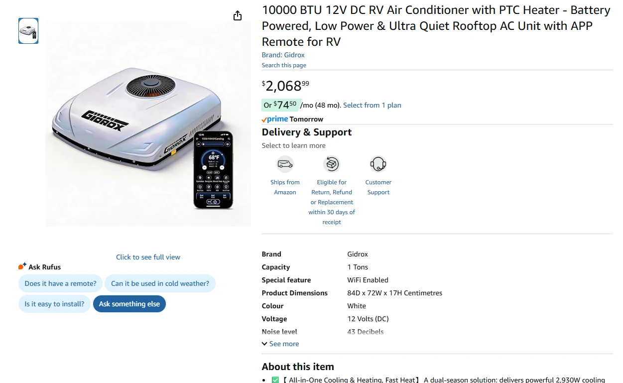 10000 BTU 12V DC RV Air Conditioner with PTC Heater BNIB - photo 2