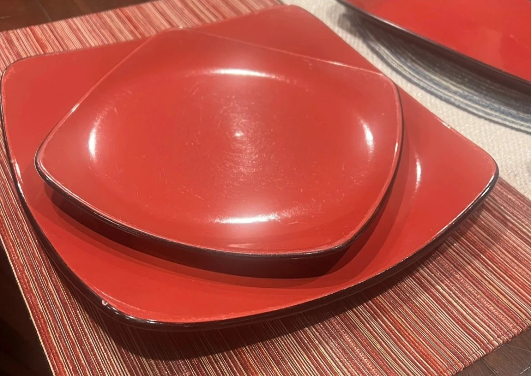 Three sets of 4 Red Correlle Hearthstone Ceramic Dinnerware.
