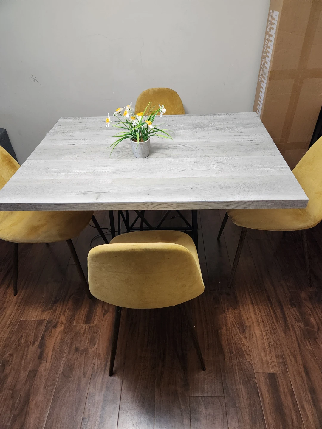 Square Dining Table with 4 Yellow Chairs