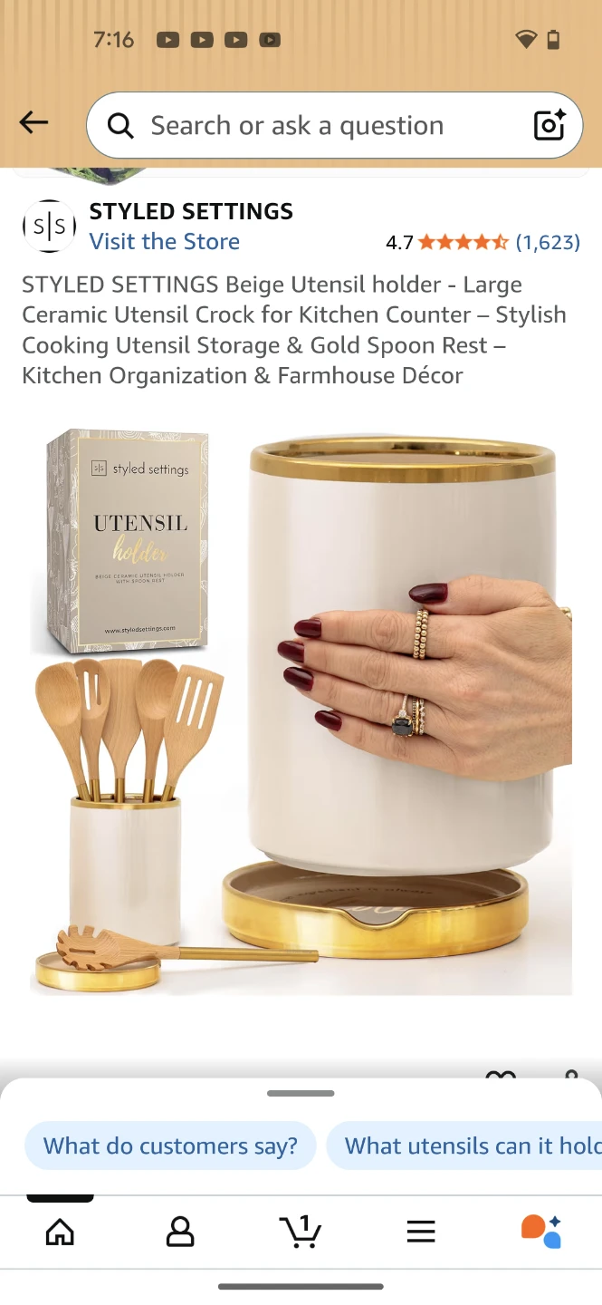 Styled Settings Beige Ceramic Utensil Holder with Gold Trim