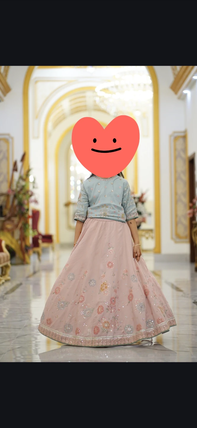 Girls Pink and Blue Embroidered Lehenga
