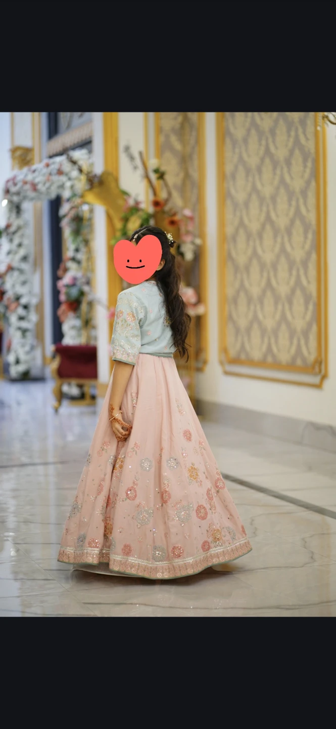 Girls Pink and Blue Embroidered Lehenga - photo 2
