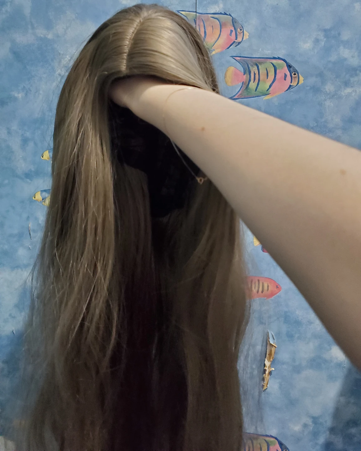 Long light ash brown synthetic wig without fringe