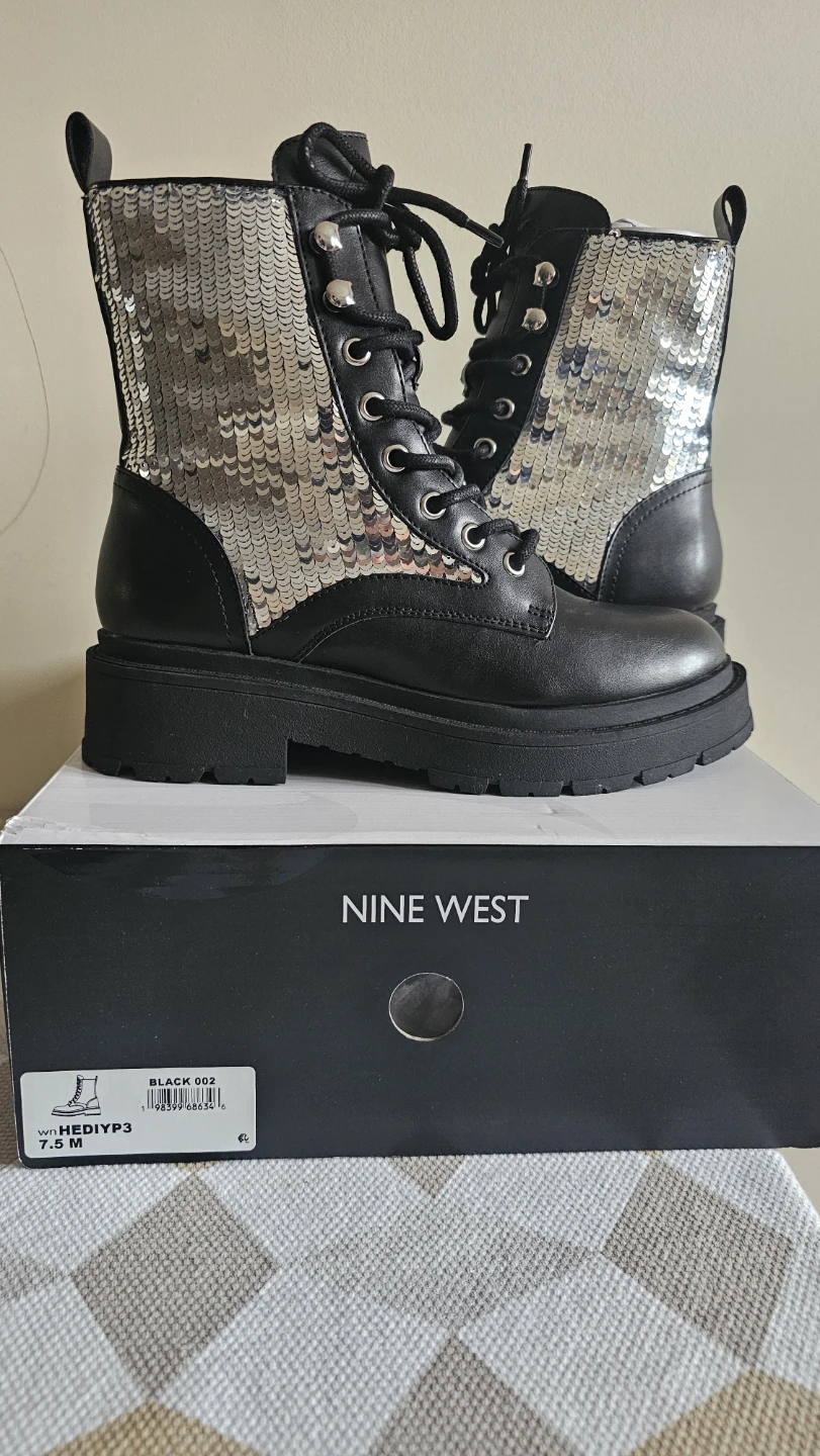 Nine West Black Sequin Combat Boots Size 7.5