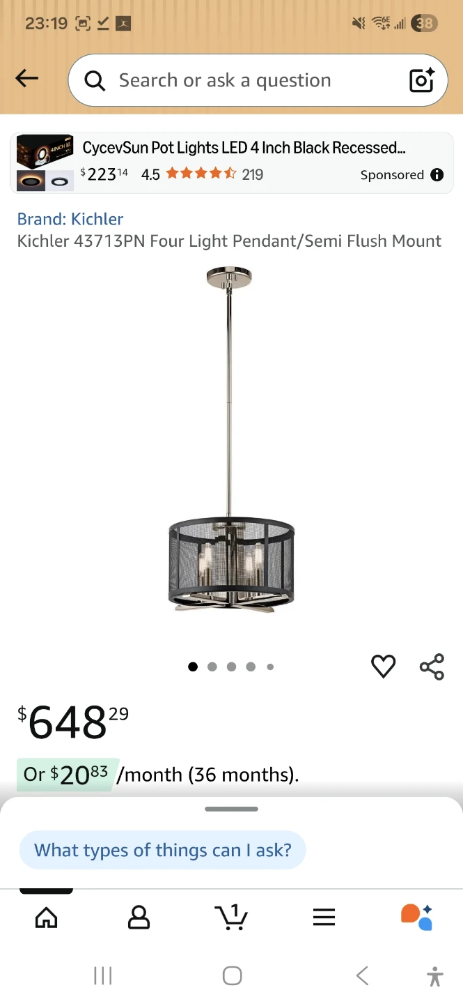 Kichler Four Light Pendant/Semi Flush Mount Chandelier