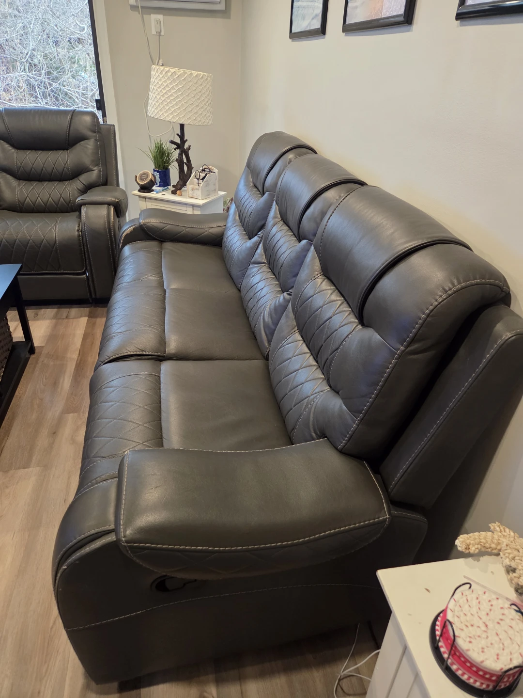Gray Faux Leather Reclining Loveseat with Cup Holders - photo 2