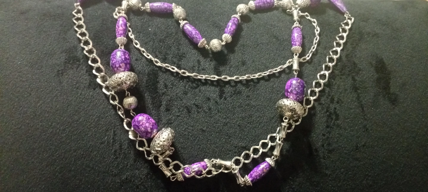 Purple Stone (plastic )and Silver Tone Layered Necklace