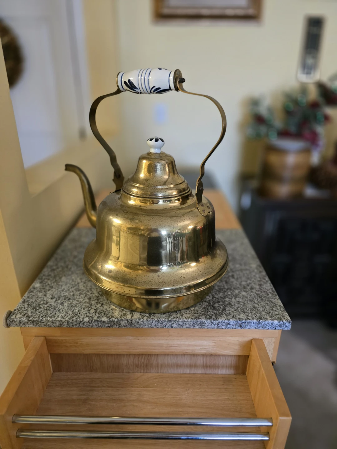 Vintage Brass Kettle with Ceramic Handle