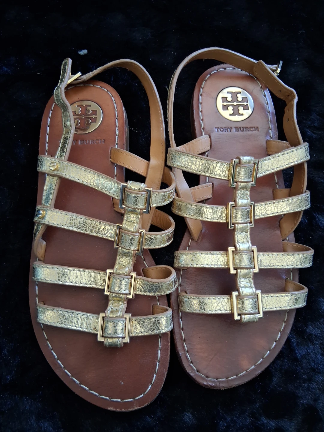 Tory Burch Gold Embellished Leather Flat Sandals
