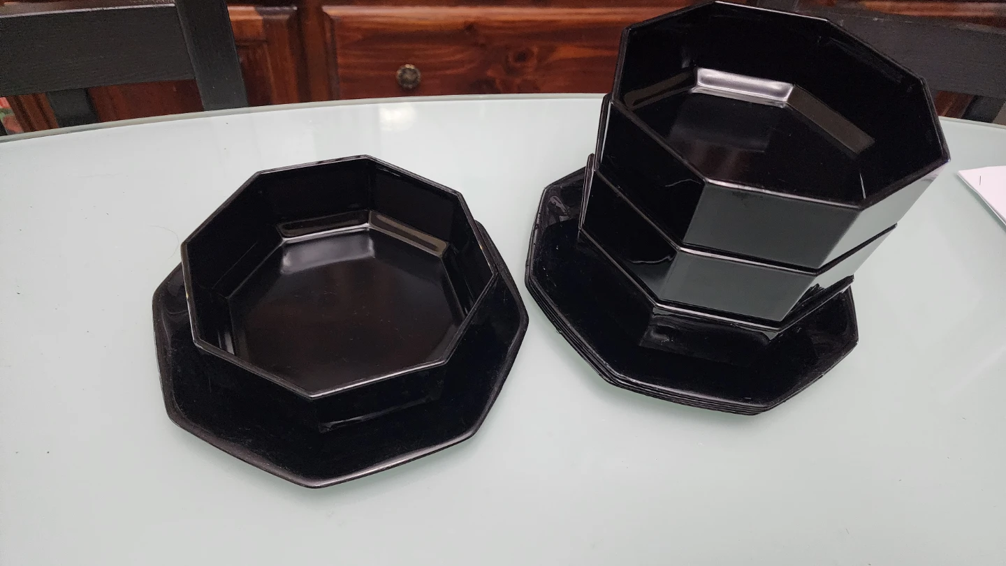 Set of 4 Black Octagonal Bowls and plates