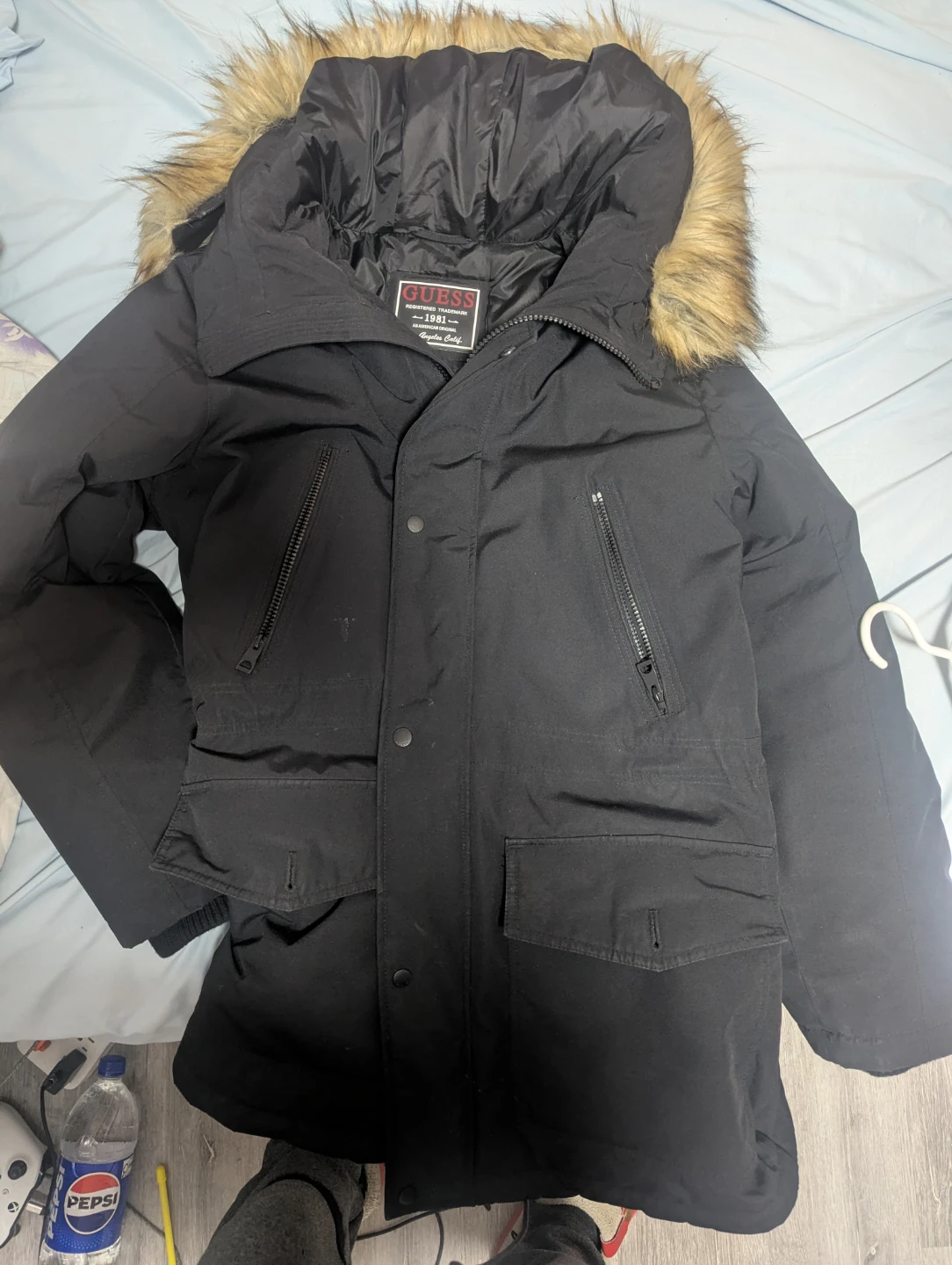 Guess Black Winter Parka Jacket with Fur Hood
