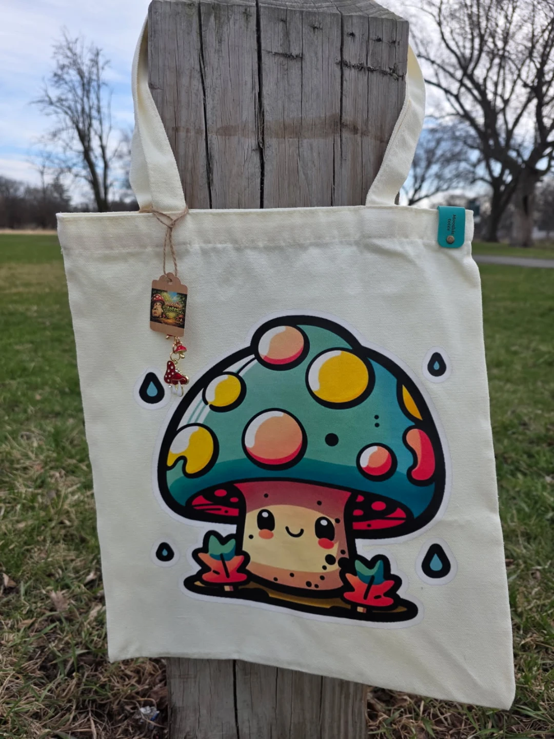 Mooshie Totes Canvas Tote Bag with Mushroom Charm