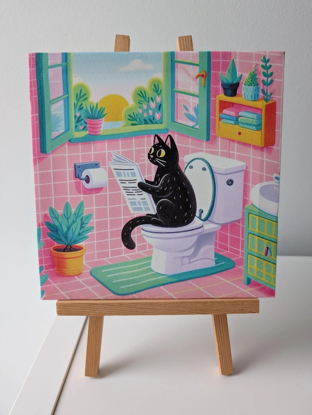 Framed New Canvas Print - Cat on Toilet Reading Newspaper - photo 2