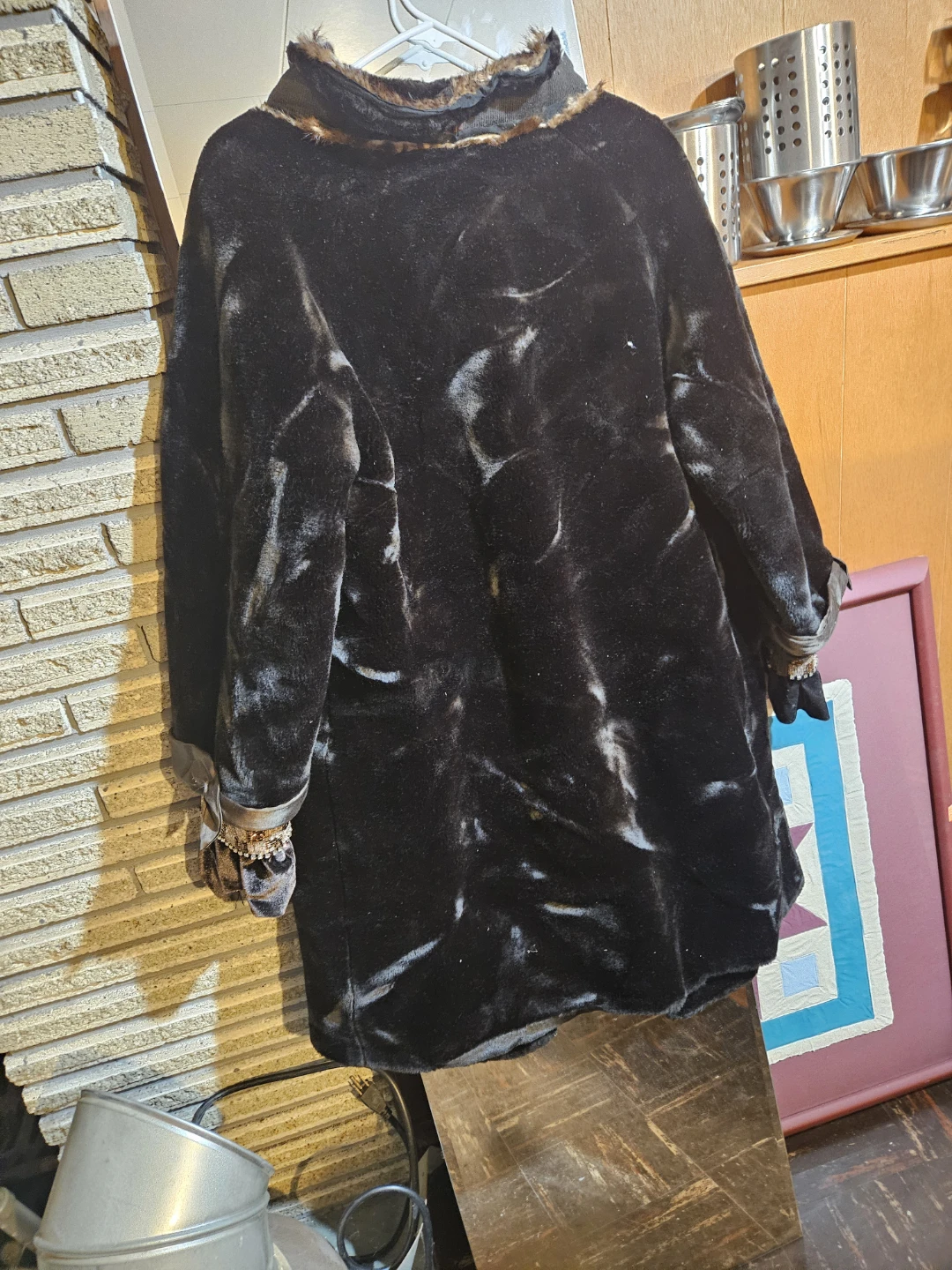Black Faux Fur Coat with Embellished Cuffs - photo 4