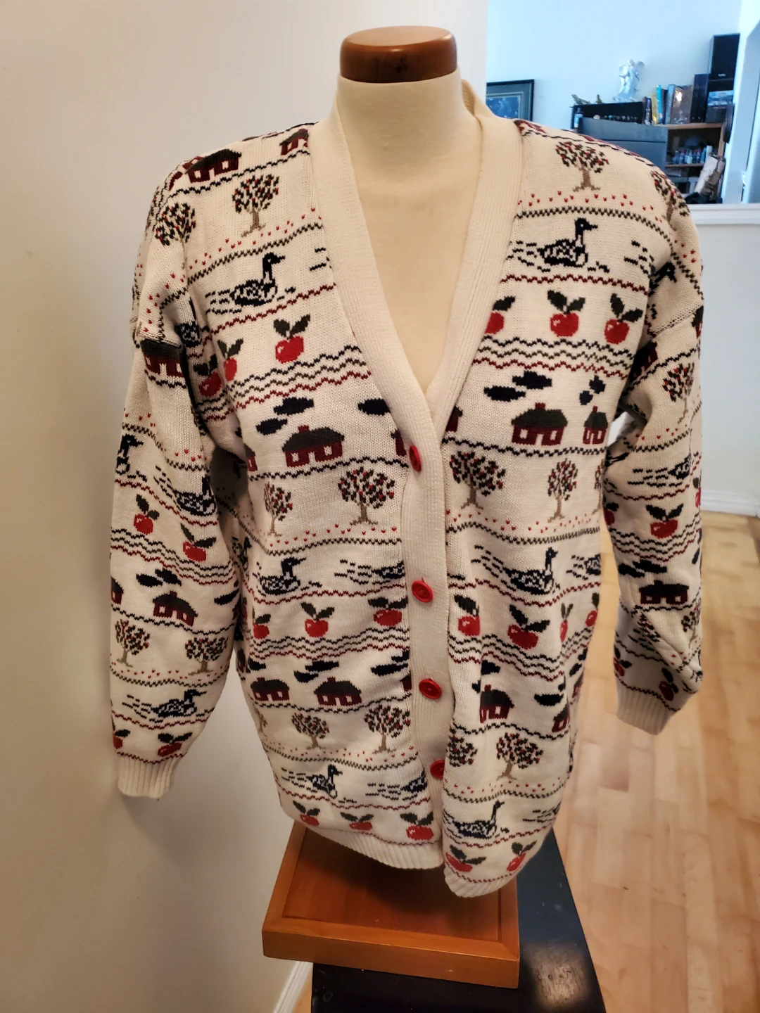 White Cardigan with Farmhouse Scene Pattern