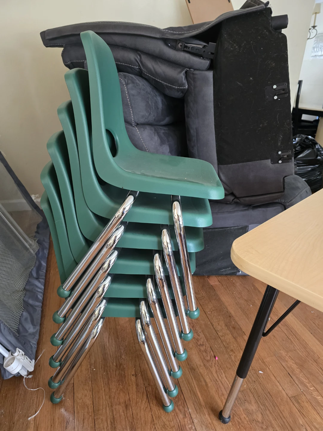 Stacking Chairs - Green Plastic with Chrome Legs