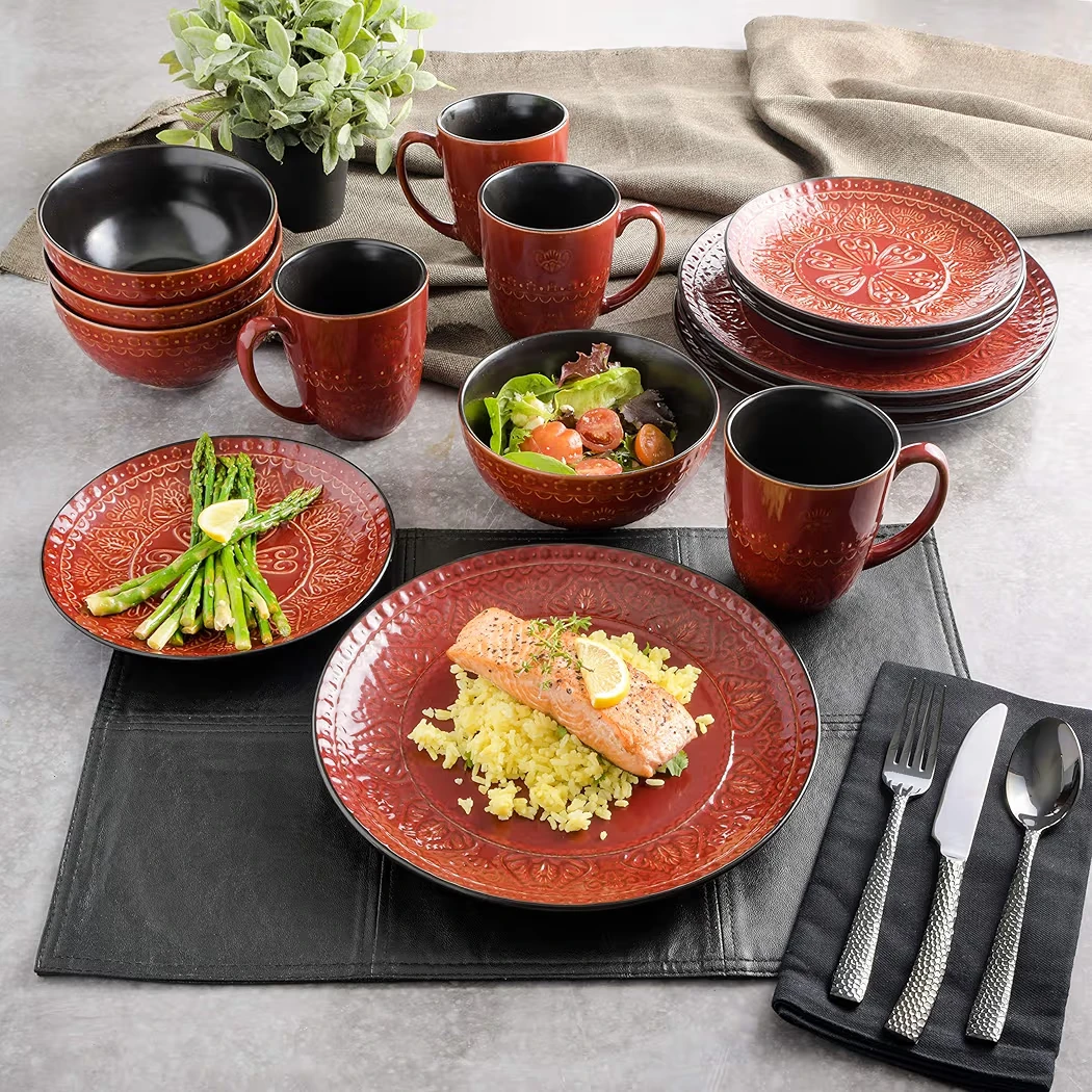 Red Embossed Ceramic Dinnerware Set - photo 3