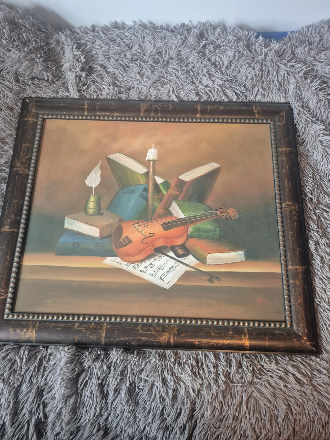 Framed Still Life Painting - Violin and Books - photo 2