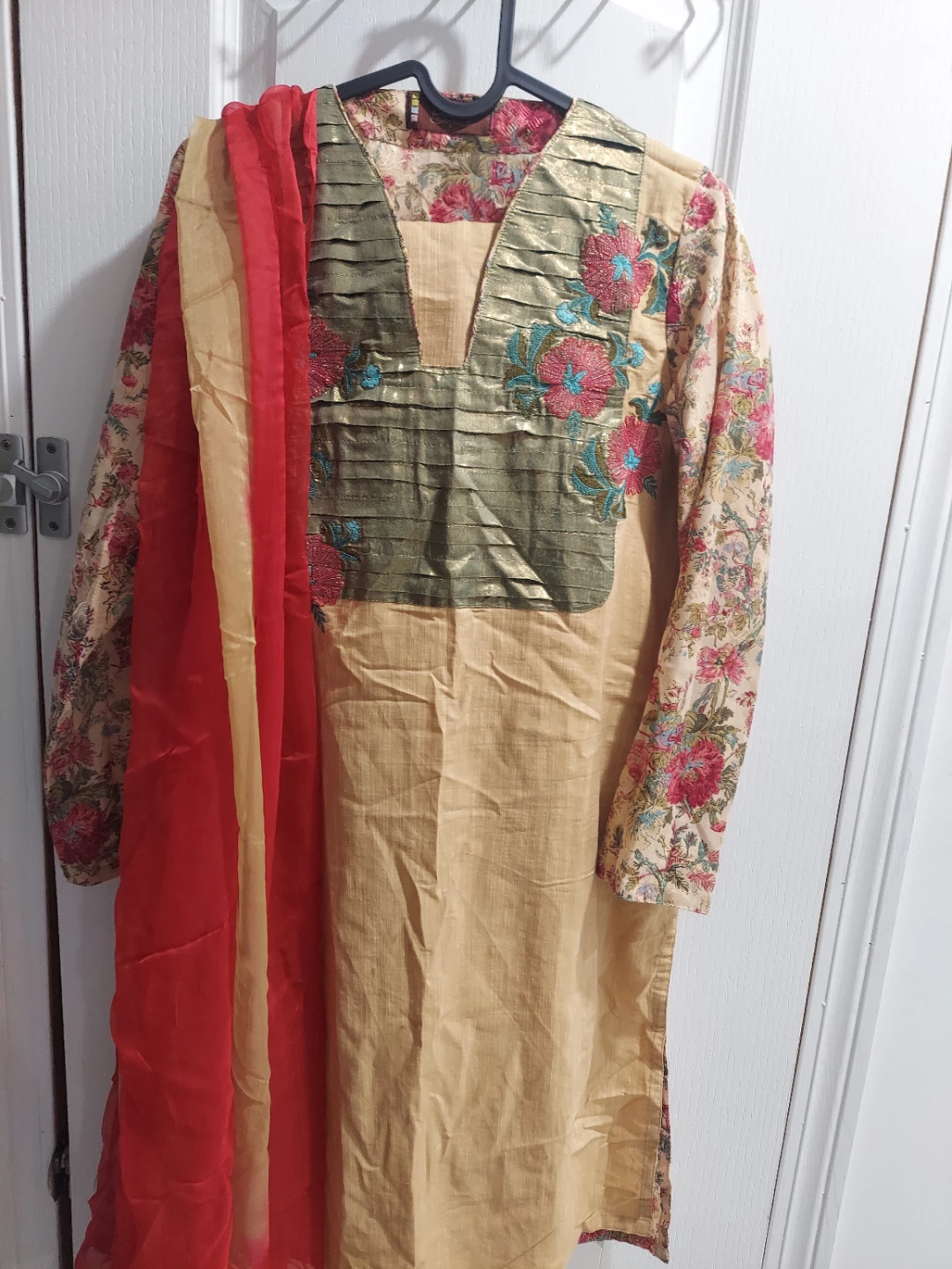 Gold & Red Embroidered Shalwar Kameez with Dupatta