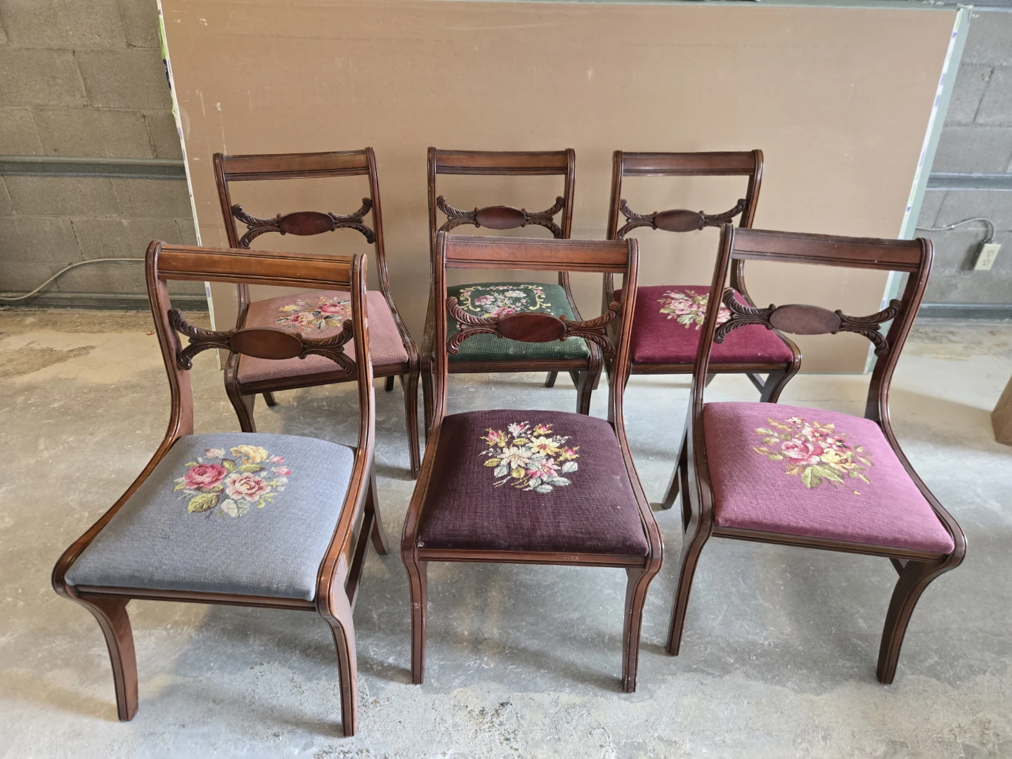 Set of 6 Dining Chairs with Floral Needlepoint Seats