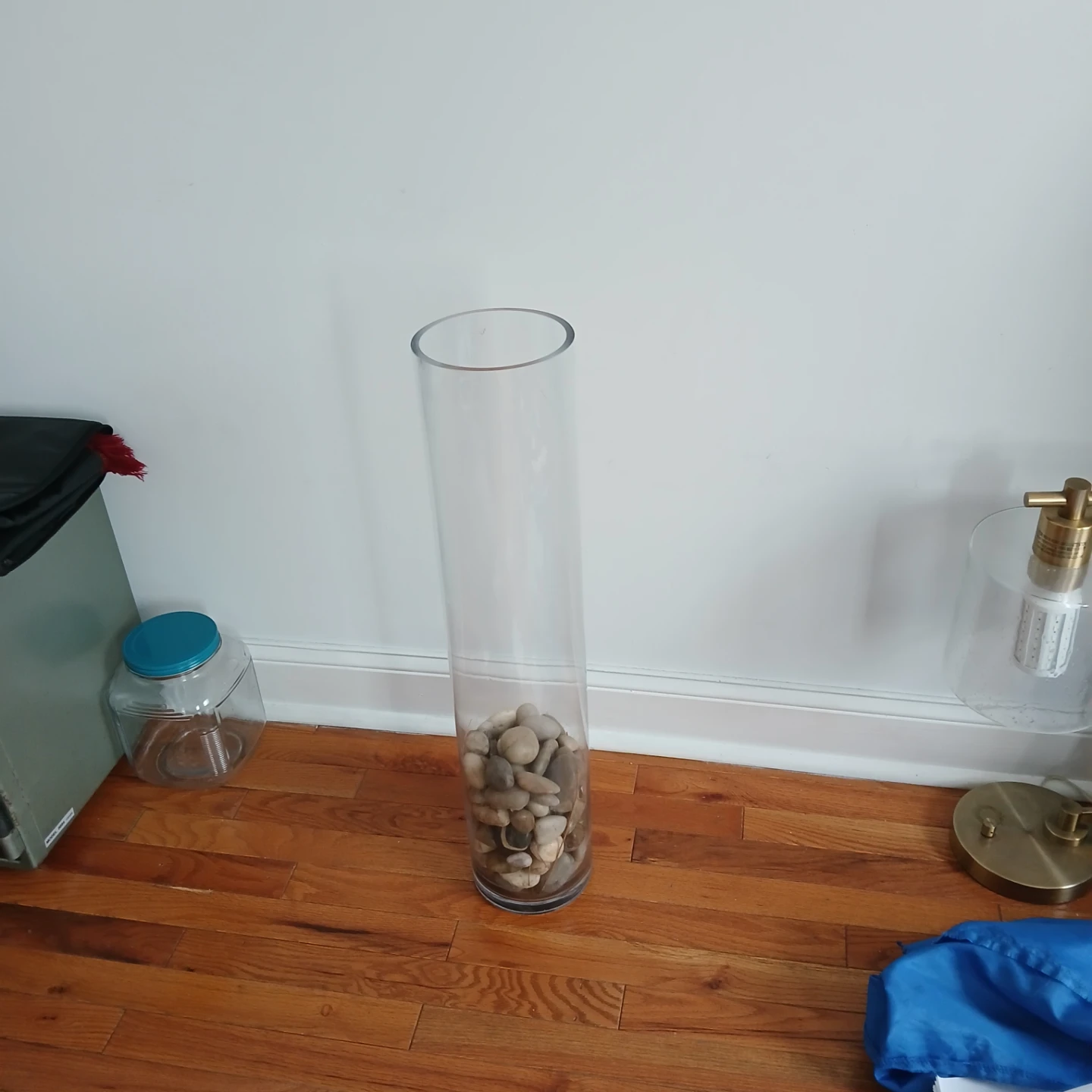 Tall Cylinder Glass Vase with River Rocks