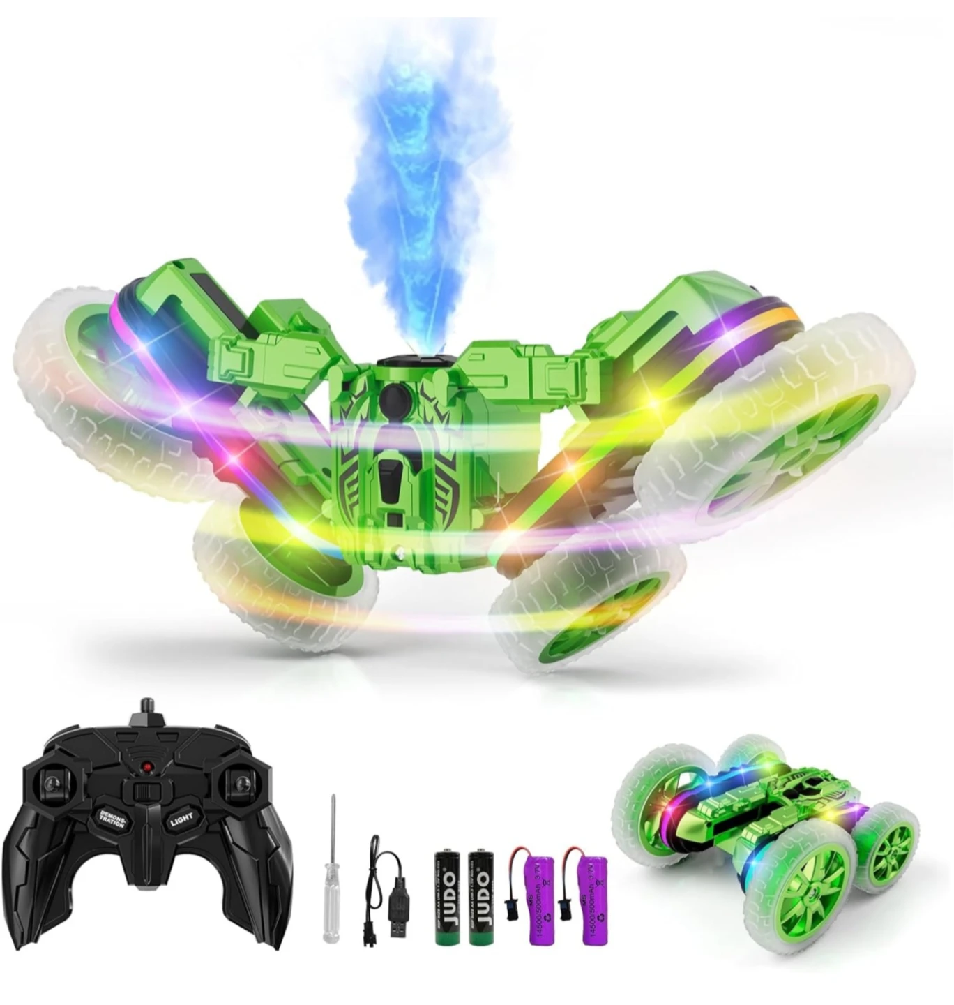 Green RC Stunt Car with Remote Control and Extra Batteries