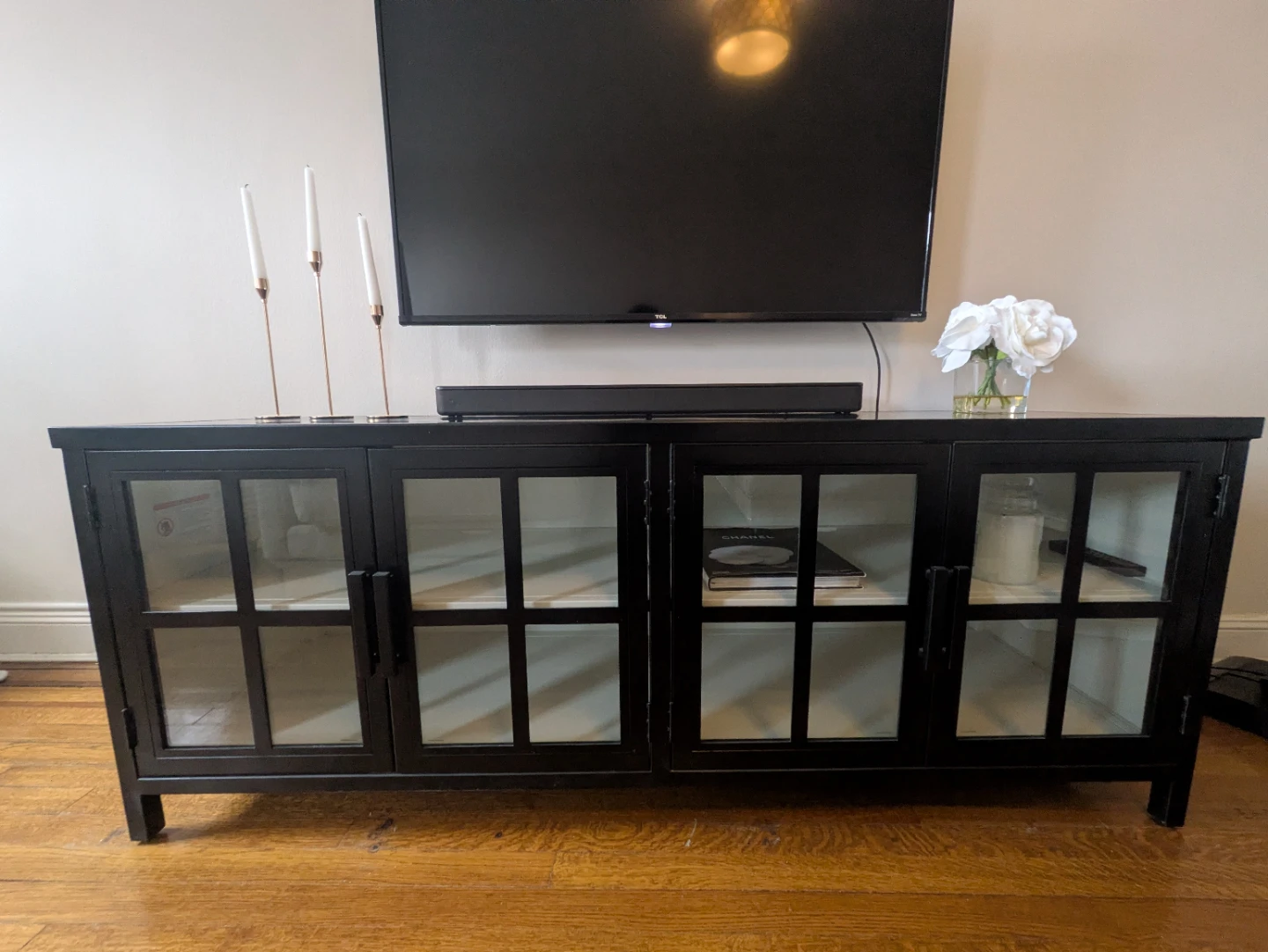 Pottery Barn Black Media Console with Glass Doors