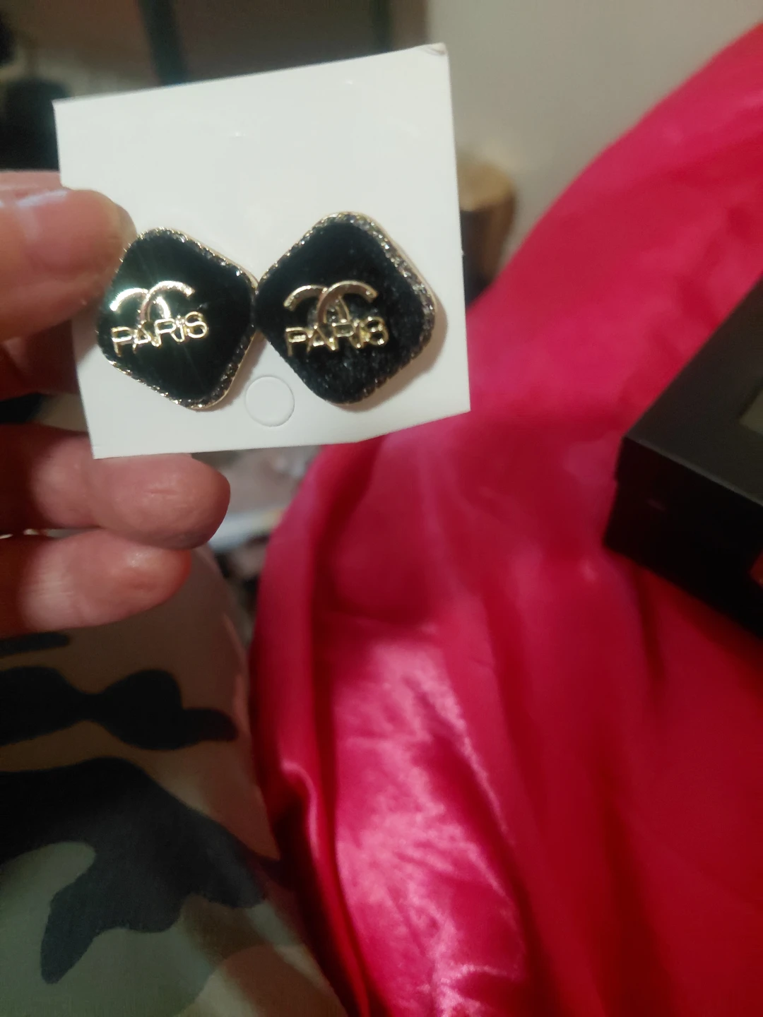 Black "PARIS" CC Logo Earrings