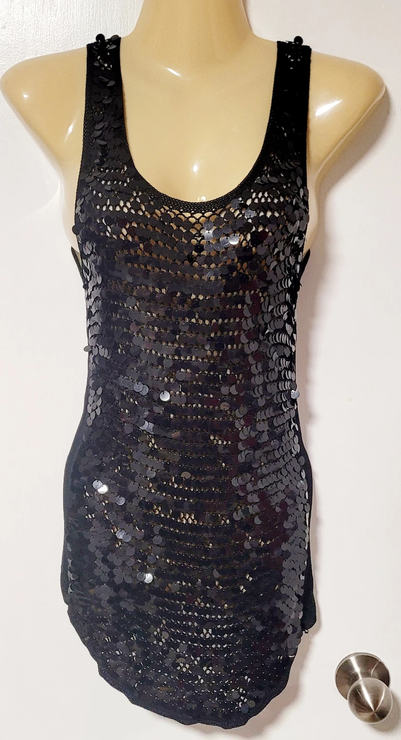 DESIGN HISTORY Black Sequin Tank/Dress Top Size S