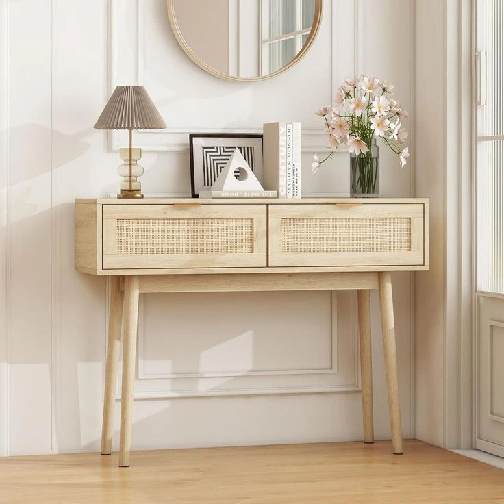 Light Wood Console Table with Rattan Doors