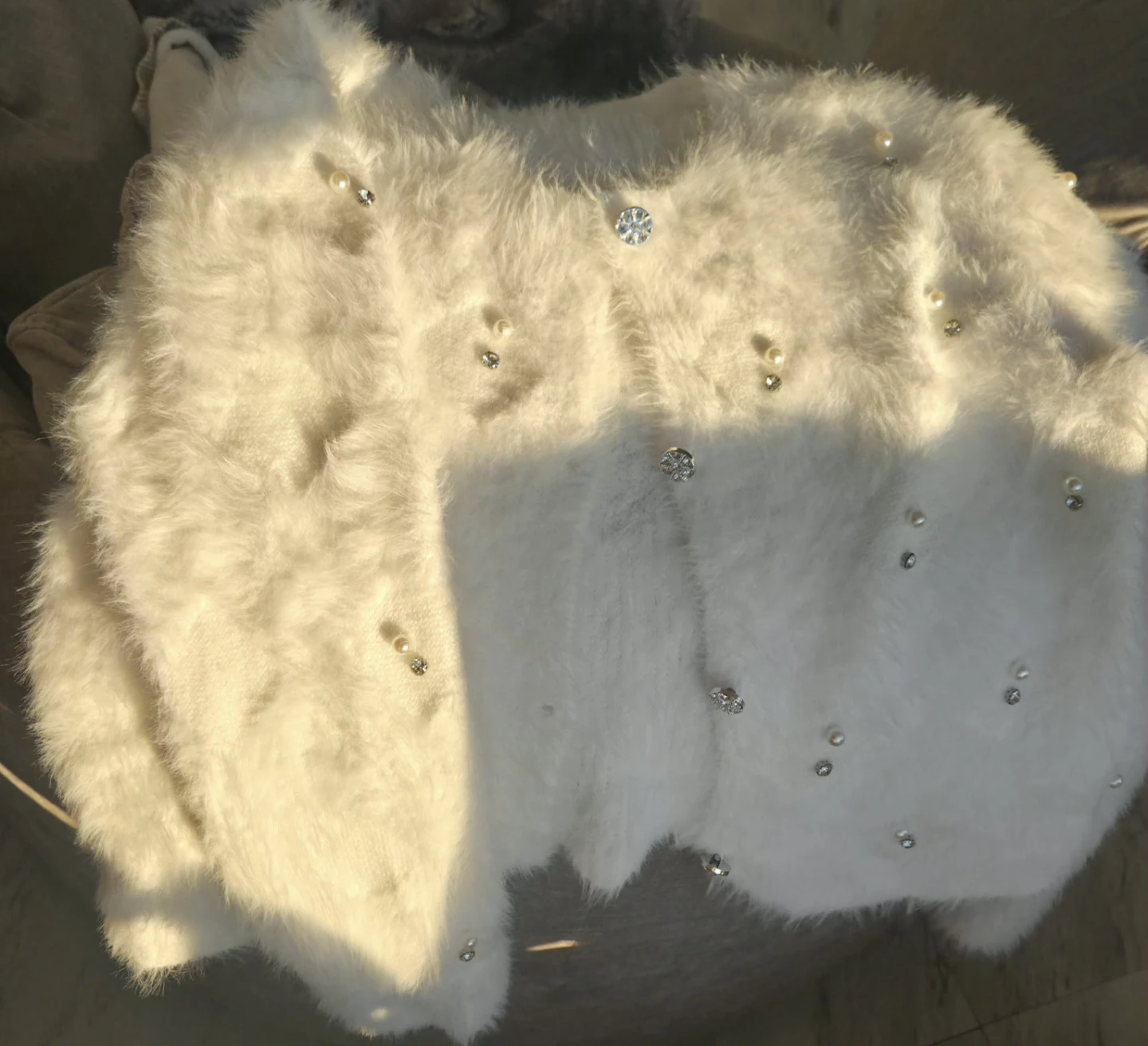White Faux Fur Cardigan with Pearl & Rhinestone Embellishments - photo 2