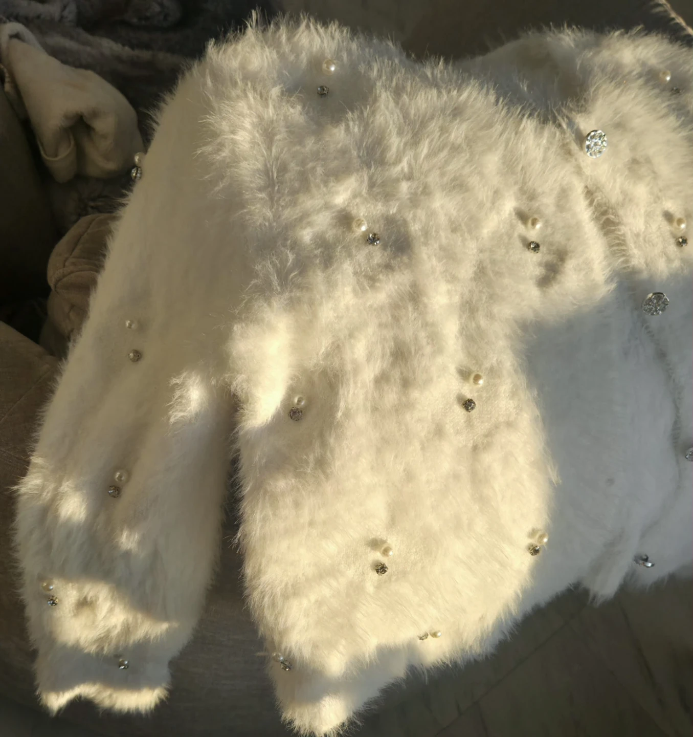 White Faux Fur Cardigan with Pearl & Rhinestone Embellishments - photo 3
