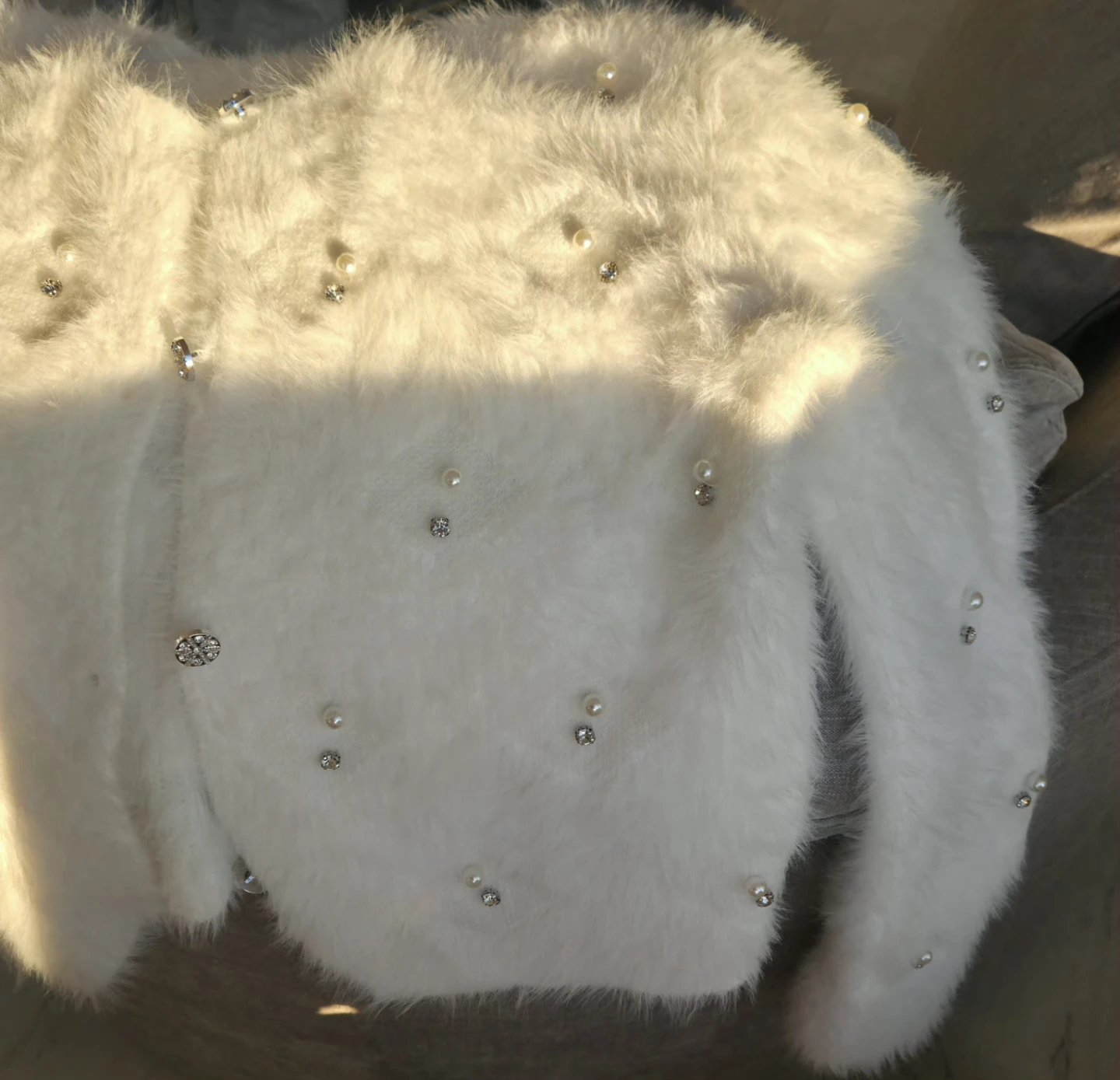 White Faux Fur Cardigan with Pearl & Rhinestone Embellishments - photo 4