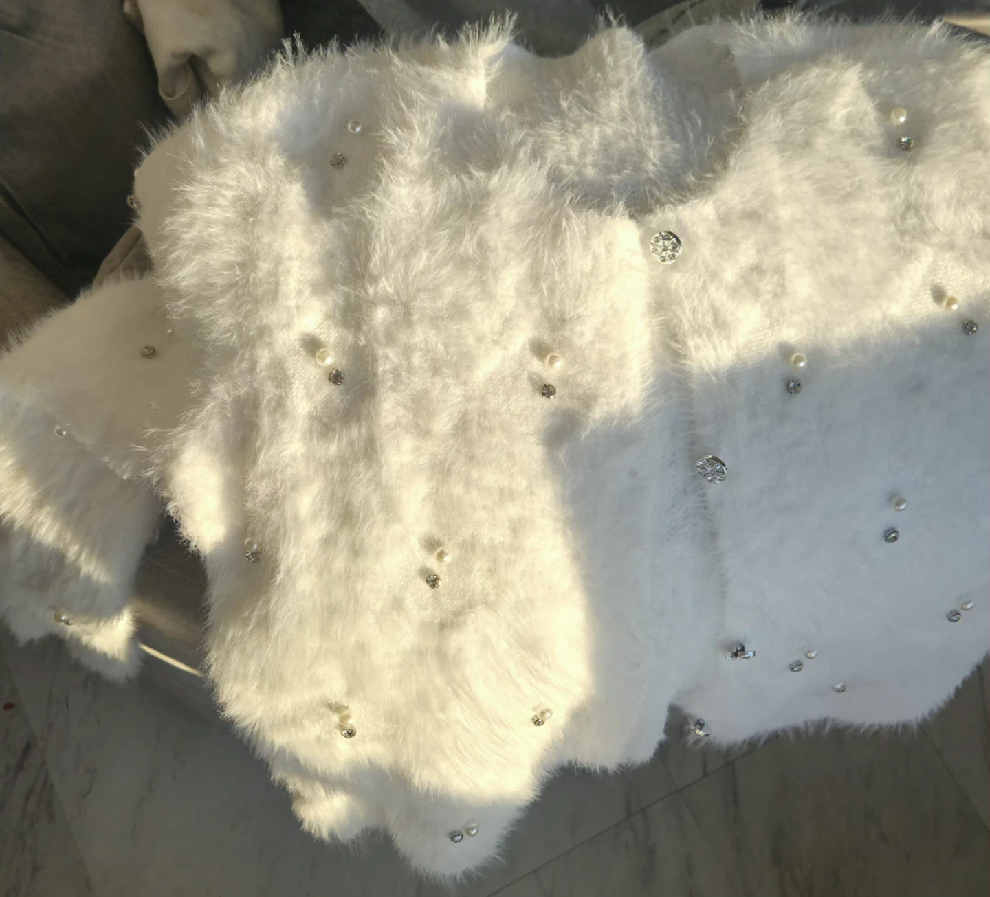 White Faux Fur Cardigan with Pearl & Rhinestone Embellishments - photo 5