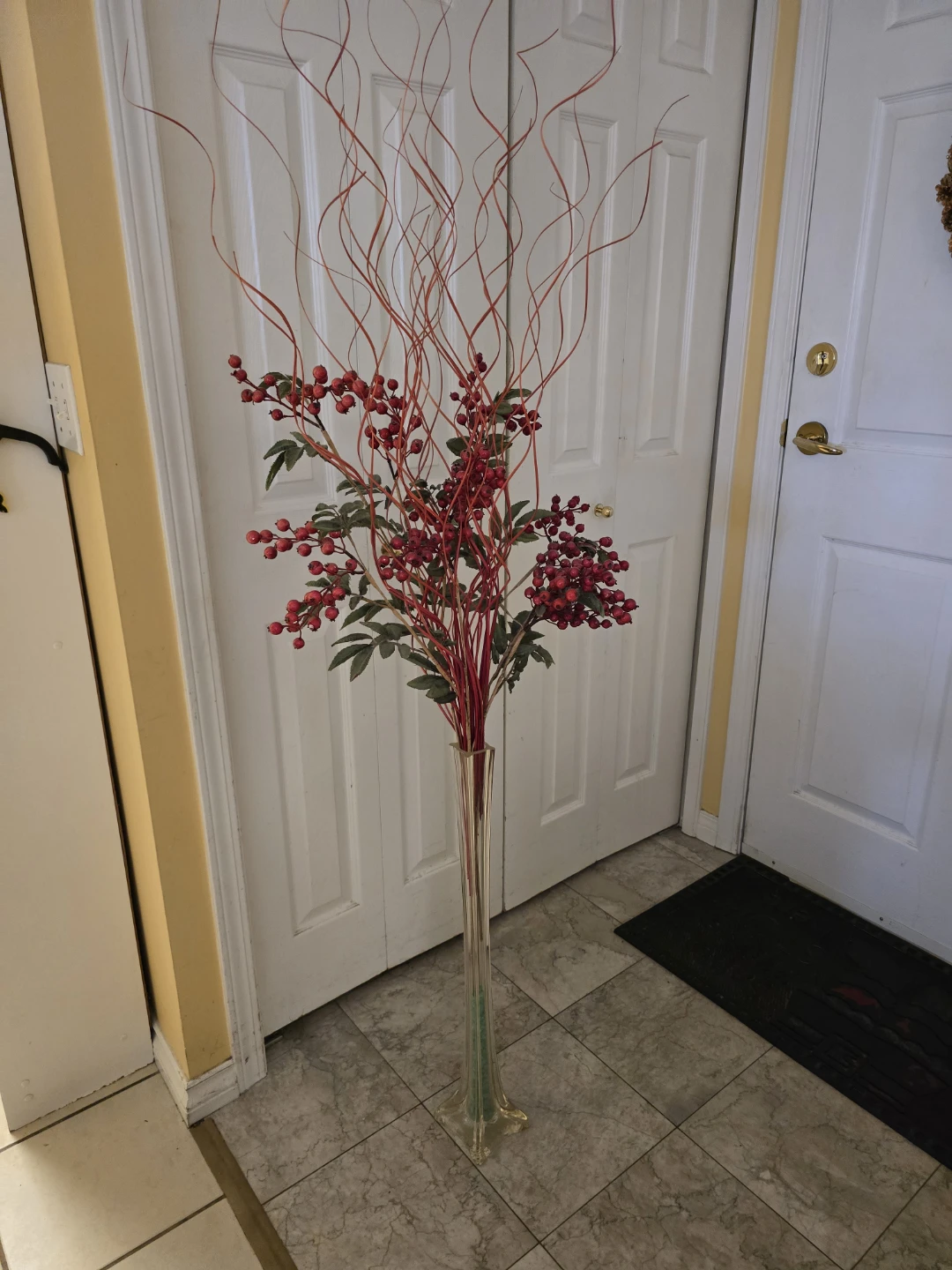 Tall Glass Vase with Red Berry and Red Branch Decor