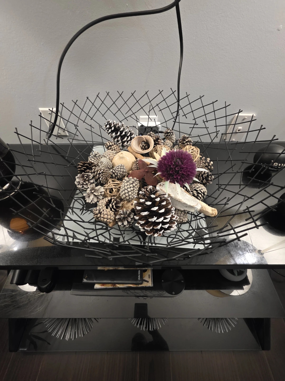Decorative Fruit Bowl with Pinecones and Flowers