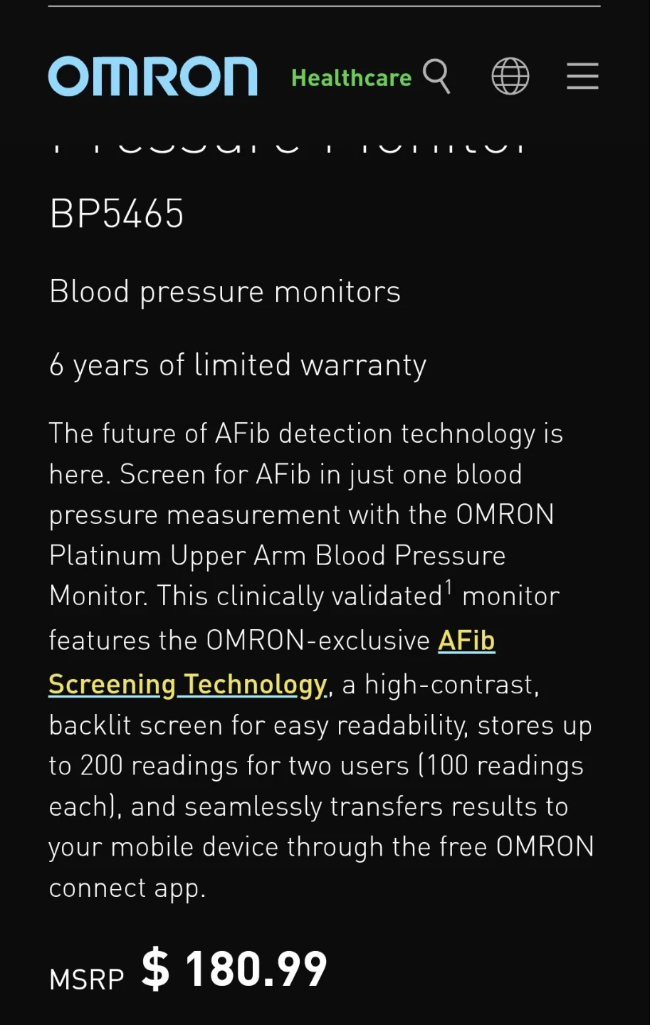 Omron Platinum Upper Arm Blood Pressure Monitor BP5465 - photo 5