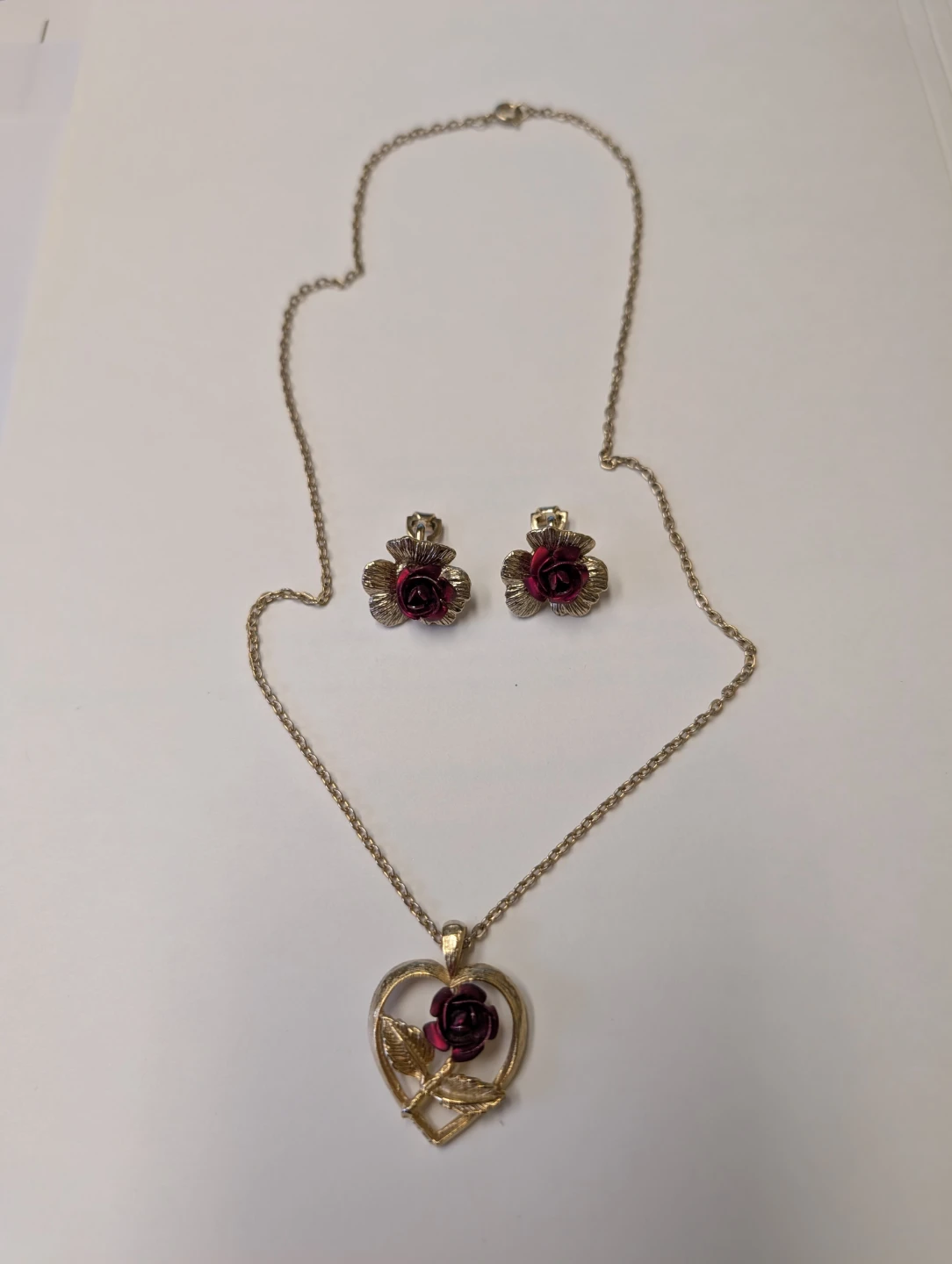 Rose Heart Pendant Necklace and Clip-On Earrings Set