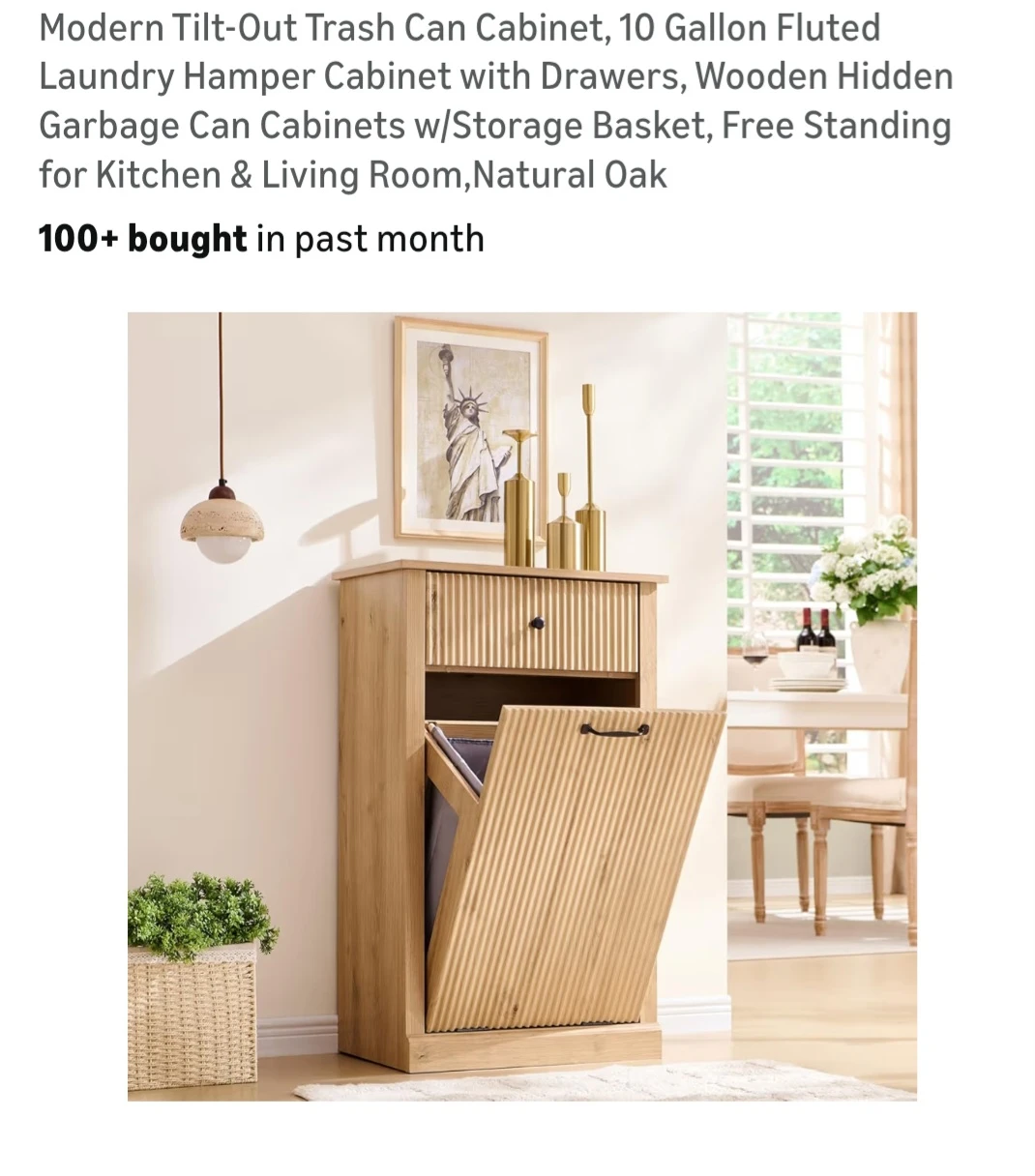 Modern Oak Tilt-Out Laundry Hamper Cabinet with Drawer