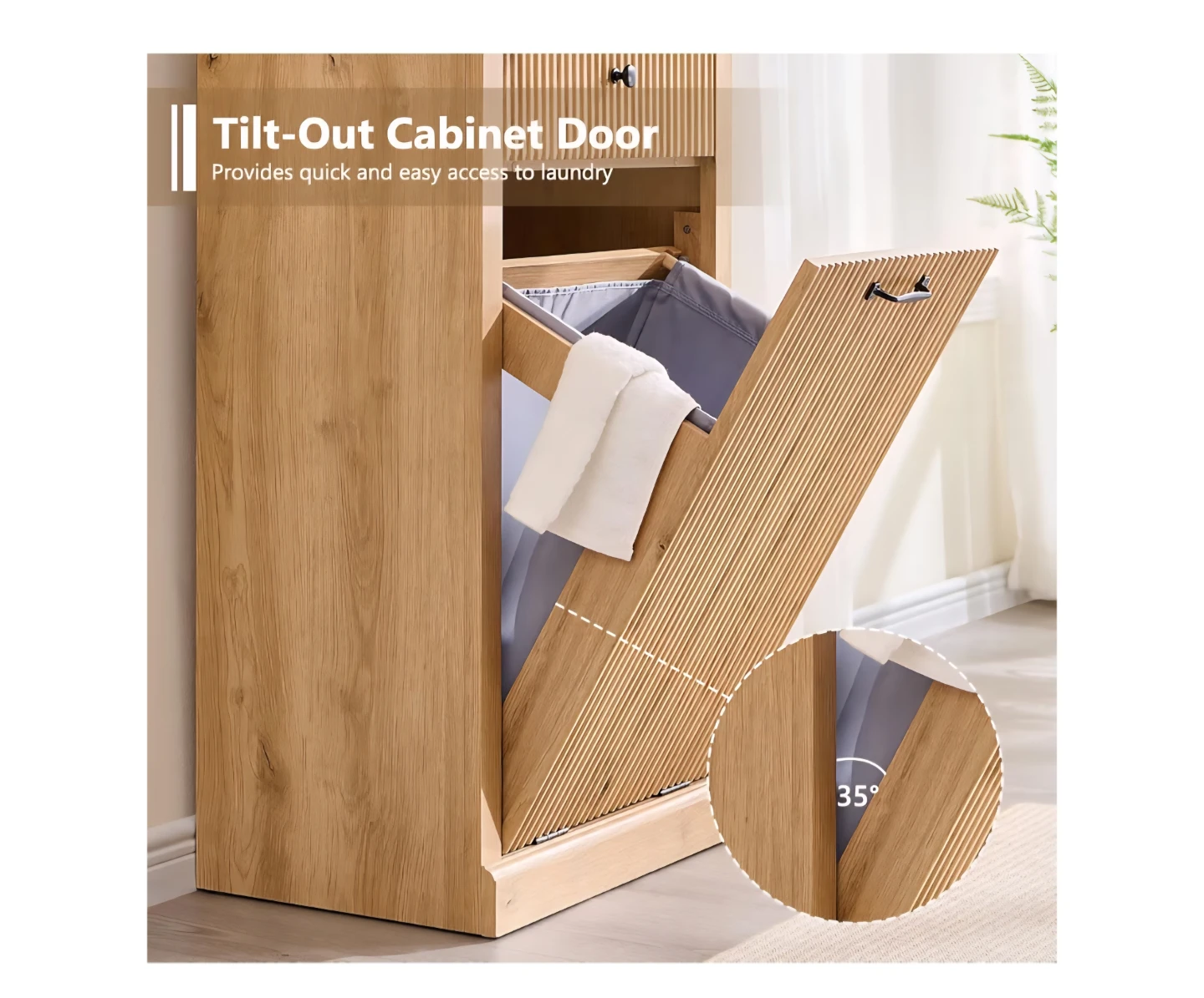 Modern Oak Tilt-Out Laundry Hamper Cabinet with Drawer - photo 2