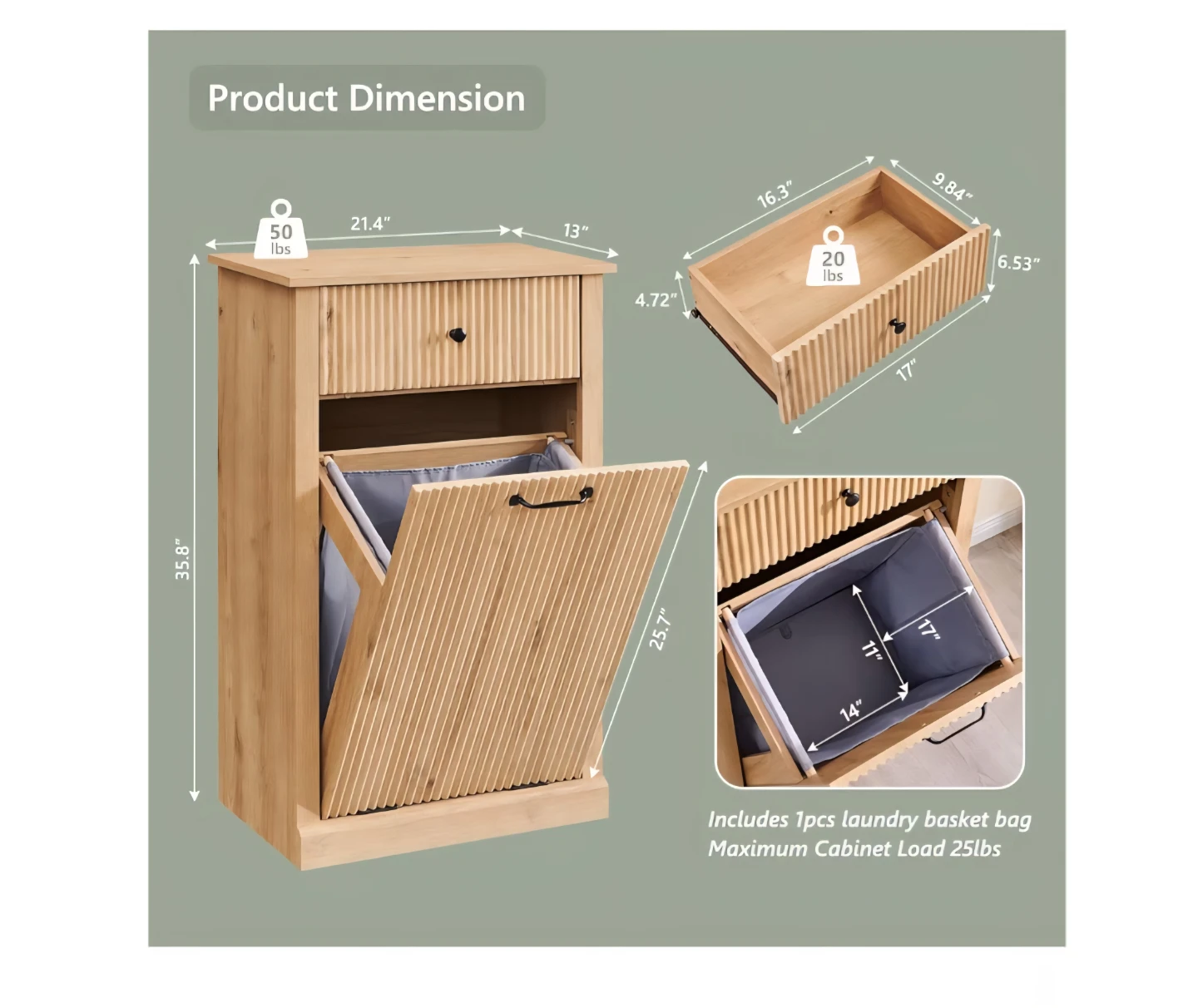 Modern Oak Tilt-Out Laundry Hamper Cabinet with Drawer - photo 4