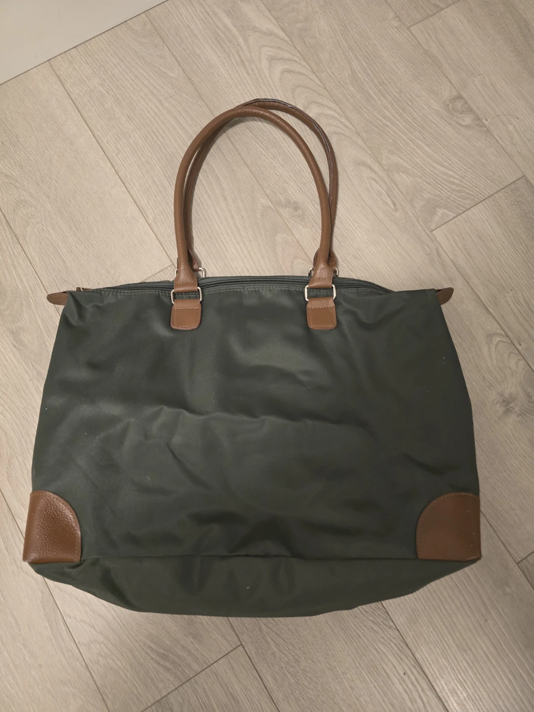 Large Green Tote Bag with Brown Faux Leather Handles