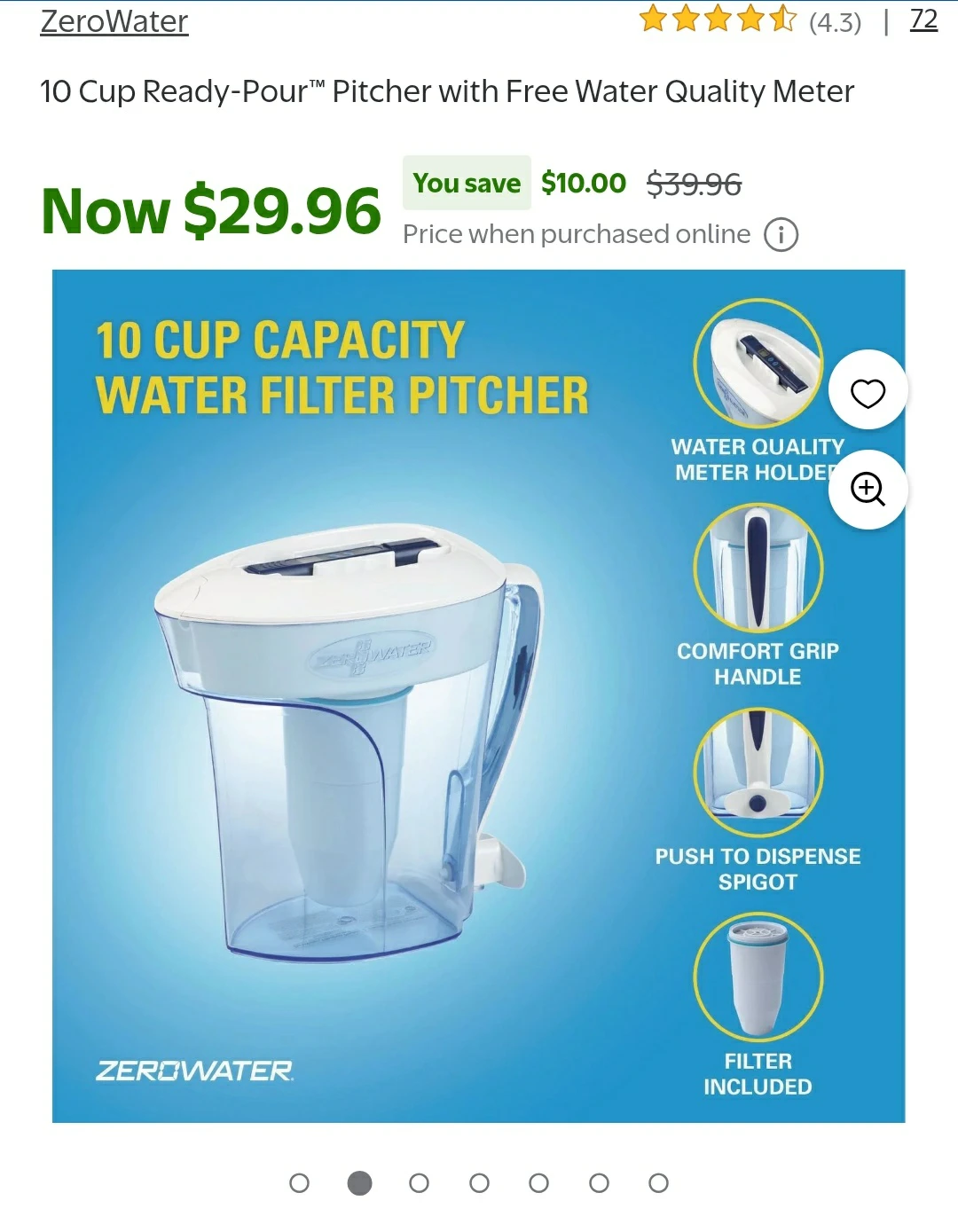 ZeroWater Water Filter Pitcher with Water Quality Meter