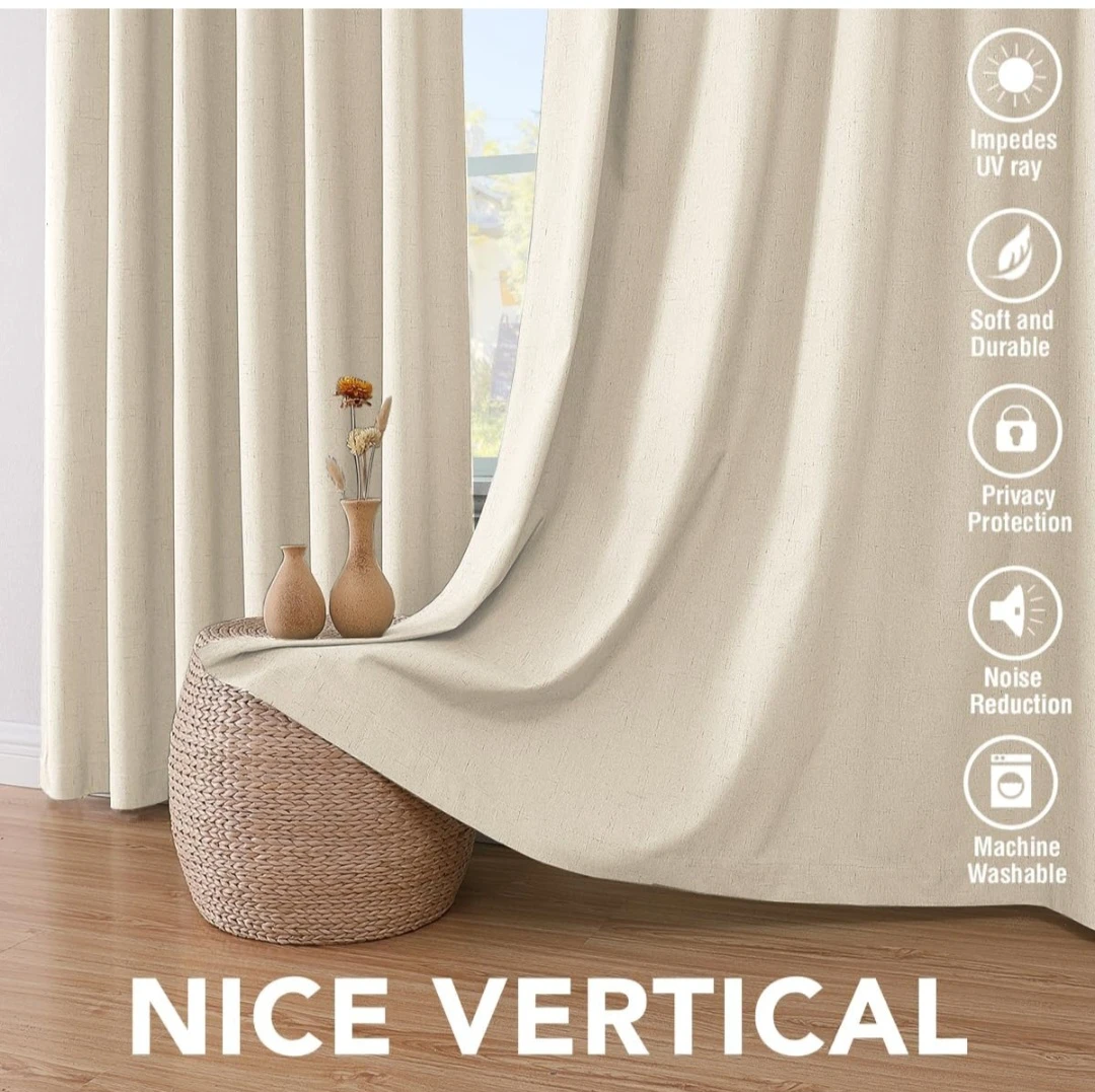 Faux Linen Textured Grommet Curtains - Beige - photo 2